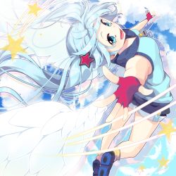 Rule 34 | 1girl, aqua eyes, bad id, bad pixiv id, blue hair, cloud, fingerless gloves, gloves, hatsune miku, long hair, open mouth, outstretched arms, sakuragi ren, shorts, sky, solo, spread arms, star (symbol), twintails, vocaloid, wings