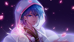Rule 34 | 1boy, blue eyes, blue hair, bug, butterfly, butterfly on shoulder, cherry blossoms, chinese commentary, clothing request, commentary, earrings, glowing butterfly, hair between eyes, hand up, highres, hood, insect, japanese clothes, jewelry, kaito (vocaloid), kazenemuri, looking at viewer, male focus, night, open mouth, petals, short hair, solo, upper body, vocaloid