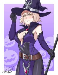 Rule 34 | 1girl, adjusting clothes, adjusting headwear, armpits, black gloves, black pantyhose, blush, border, breasts, cleavage, detached collar, detached sleeves, dress, embarrassed, fate/grand order, fate (series), gloves, grey hair, halloween costume, hat, highres, holding, holding staff, jeanne d&#039;arc (fate), jeanne d&#039;arc alter (avenger) (fate), jeanne d&#039;arc alter (fate), large breasts, looking at viewer, pale skin, pantyhose, purple background, purple dress, purple hat, purple sleeves, short hair, side slit, signature, solo, staff, toni nguyen, wavy mouth, white border, witch, witch hat, yellow eyes
