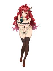 Rule 34 | 1girl, between breasts, breasts, cle masahiro, gift, halterneck, highres, kisaragi setsuna, large breasts, long hair, official art, red eyes, red hair, shirt tug, simple background, solo, thighhighs, valkyrie drive, valkyrie drive -siren-, white background, wristband