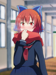 Rule 34 | 1girl, alternate costume, blue bow, blue shirt, blue skirt, blurry, blurry background, blush, bow, cato (monocatienus), commentary request, covered mouth, hair bow, heavy breathing, indoors, pleated skirt, red eyes, red hair, red scarf, red serafuku, sailor collar, scarf, school uniform, sekibanki, serafuku, shirt, short hair, skirt, solo, touhou, upper body