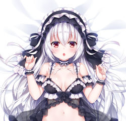 Rule 34 | 1girl, babydoll, bed sheet, blush, breasts, detached collar, fang, gothic lolita, hair between eyes, lolita fashion, long hair, looking at viewer, lying, medium breasts, mitsuba choco, navel, on back, open mouth, original, parted lips, red eyes, silver hair, solo