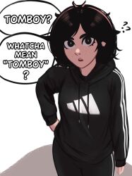 Rule 34 | 1girl, ?, ??, absurdres, adidas, black eyes, black hair, black pants, black track suit, cowboy shot, english text, freckles, hand on own hip, highres, hood, hoodie, long sleeves, looking at viewer, messy hair, open mouth, original, pants, short hair, solo, speech bubble, teeth, tomboy, upper teeth only, veyonis, white background, yuna (veyonis)
