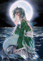 Rule 34 | 1girl, absurdres, ahoge, arm support, back fin, blue eyes, blue hair, chinese commentary, closed mouth, commentary request, crying, finger to mouth, fingernails, fins, frilled kimono, frilled sleeves, frills, full body, full moon, green kimono, hand up, head fins, heinrich (fernanderuddle), highres, japanese clothes, kimono, lips, long sleeves, medium hair, mermaid, monster girl, moon, obi, ocean, rock, sash, sideways glance, sitting, sleeves past wrists, solo, tears, touhou, wakasagihime, water, wide sleeves