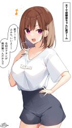 Rule 34 | 1girl, absurdres, black shorts, breasts, brown hair, childhood friend-chan (ramchi), commentary request, hair ornament, highres, looking at viewer, medium breasts, musical note, open mouth, original, purple eyes, ramchi, shirt, short sleeves, shorts, simple background, solo, speech bubble, translation request, white background, white shirt, x hair ornament