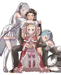 1boy 3girls :d absurdres arm_hug bare_shoulders beatrice_(re:zero) black_dress black_footwear black_hair black_pants black_sleeves blonde_hair blue_eyes blue_hair blush boots breasts brown_eyes butterfly-shaped_pupils capelet closed_eyes commentary_request crown detached_sleeves dress drill_hair emilia_(re:zero) fingernails grey_hair hair_over_one_eye hair_ribbon head_hug highres jacket looking_at_viewer maid mini_crown multiple_girls natsuki_subaru nose_blush open_mouth pants pantyhose pink_ribbon re:zero_kara_hajimeru_isekai_seikatsu red_capelet red_dress red_footwear rem_(re:zero) ribbon roswaal_mansion_maid_uniform simple_background sitting sitting_on_lap sitting_on_person smile striped_clothes striped_pantyhose sweat symbol-shaped_pupils teeth thigh_boots track_jacket twin_drills upper_teeth_only white_background white_dress white_footwear white_sleeves yakitate_maaam