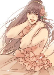 Rule 34 | 1girl, :d, brown hair, brown theme, dress, earrings, floating hair, flower, hair flower, hair ornament, hairband, hakari1909, hands on neck, jewelry, long hair, looking at viewer, open mouth, original, pink dress, red eyes, sleeveless, smile, solo, very long hair
