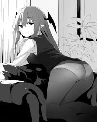 Rule 34 | 1girl, ass, breasts, commentary request, couch, curtains, demon wings, feet out of frame, greyscale, hair between eyes, hand up, head wings, highres, indoors, kamukamu (ars), kneeling, koakuma, large breasts, long hair, long sleeves, looking at viewer, monochrome, no pants, no shoes, panties, panties under pantyhose, pantyhose, plant, pointy ears, sidelocks, smile, solo, thighs, touhou, underwear, vest, wings
