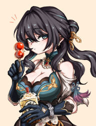 Rule 34 | 1girl, :t, bare shoulders, bead necklace, beads, beolkkulcheese, black hair, blue eyes, blush, breasts, chinese clothes, cleavage, clothing cutout, commentary request, cup, disposable cup, drinking straw, food, hand up, highres, holding, holding cup, holding food, honkai: star rail, honkai (series), jewelry, large breasts, long hair, looking at viewer, necklace, ruan mei (honkai: star rail), short sleeves, shoulder cutout, solo, upper body