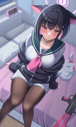 Rule 34 | 1girl, alarm clock, animal ears, bag, bed, black hair, black pantyhose, black sweater, blue archive, blush, breasts, cat ears, choker, clock, closed mouth, gun, hair ornament, hairpin, halo, highres, kazusa (blue archive), looking at viewer, looking up, nekojima, on bed, pantyhose, pillow, plastic bag, red eyes, sailor, sailor collar, shirt, short hair, skirt, solo, sweater, thighs, weapon, white shirt, white skirt, window