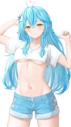 Rule 34 | 1girl, absurdres, ahoge, blue hair, blue nails, blue shorts, blush, breasts, collarbone, colored tips, commentary, cowboy shot, crop top, cropped shirt, crossed bangs, flower, hair between eyes, hair flower, hair ornament, hands up, heart, heart ahoge, highres, hololive, long hair, looking at viewer, medium breasts, multicolored hair, navel, norio (noriosub), parted lips, pointy ears, shirt, short sleeves, shorts, sidelocks, simple background, snowflake hair ornament, solo, stomach, streaked hair, underboob, virtual youtuber, white background, white flower, white shirt, yellow eyes, yukihana lamy