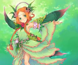 Rule 34 | 1girl, armpits, avalon code, bare legs, braid, detached sleeves, fairy, fairy wings, flower, green eyes, haccan, headdress, long hair, mieli, official art, orange hair, outstretched arms, plant, pointy ears, red hair, smile, solo, spread arms, twin braids, wearing plant, wide sleeves, wings