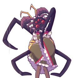 Rule 34 | 1girl, antennae, arthropod girl, arthropod limbs, brown kimono, brown pantyhose, cleaning, commentary, commission, daigada, english commentary, entoma vasilissa zeta, extra legs, extra pupils, facing viewer, fangs, feet out of frame, highres, japanese clothes, kimono, maid, maid headdress, monster girl, overlord (maruyama), pantyhose, pink ribbon, purple hair, red eyes, ribbon, short hair, silk, simple background, sleeves past wrists, solo, spider web, transparent background