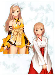 Rule 34 | 1girl, absurdres, blonde hair, blush, bow, breasts, brown eyes, hair bow, own hands clasped, highres, japanese clothes, large breasts, long hair, miko, official art, own hands together, sega, shining (series), shining wind, smile, tony taka, touka kureha, translation request