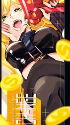 Rule 34 | 1girl, black bustier, black collar, black nails, black thighhighs, blonde hair, breasts, ch4nge (cevio), character name, coin, collar, crossed legs, green eyes, heart, highres, holding, holding megaphone, jing (l i ns), medium breasts, megaphone, nail polish, nijisanji, nijisanji kr, open mouth, seffyna, sleeves past wrists, solo, thighhighs, tongue, tongue out, virtual youtuber