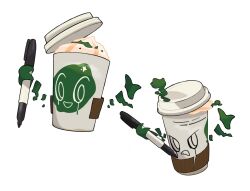 Rule 34 | coffee, commentary, cup, drawing on own face, english commentary, highres, holding, holding pen, marker, no humans, original, pen, pokemon, pokemon (creature), poltchageist, simple background, starbucks, startboii, white background