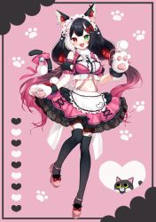 Rule 34 | 1girl, :d, animal ears, animal hands, apron, bell, black hair, black sleeves, black thighhighs, bow, cat ears, cat girl, cat tail, commission, crop top, detached sleeves, food, frilled skirt, frills, fruit, full body, gloves, gradient hair, green eyes, heart, heterochromia, indie virtual youtuber, jingle bell, long hair, looking at viewer, low twintails, midriff, multicolored hair, navel, open mouth, paw gloves, pink background, pink bow, pink footwear, pink hair, pink shirt, pink skirt, pleated skirt, puffy short sleeves, puffy sleeves, qiu yue (vtuber), red eyes, shirt, shoes, short sleeves, skeb commission, skirt, smile, solo, standing, standing on one leg, strawberry, tail, tail bell, tail bow, tail ornament, thighhighs, twintails, very long hair, virtual youtuber, waist apron, white apron, white gloves, yamabukiiro