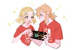 Rule 34 | 1boy, 1girl, artist request, blonde hair, blue eyes, blush, braid, breasts, earrings, green eyes, highres, jewelry, nintendo, open mouth, pointy ears, ponytail, princess zelda, shirt, short hair, smile, the legend of zelda, the legend of zelda: breath of the wild, the legend of zelda: tears of the kingdom
