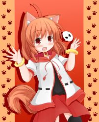 Rule 34 | 1girl, ahoge, animal collar, animal ears, bangle, black thighhighs, blush, bracelet, brown hair, collar, dog ears, dog tail, fang, highres, hood, hoodie, jewelry, looking at viewer, maguro-dama, musical note, open hands, open mouth, original, paw print, red eyes, short hair, simple background, skirt, smile, tail, thighhighs