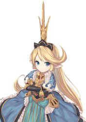 Rule 34 | 10s, 1girl, a.t. zero, artist name, bad id, bad twitter id, blonde hair, blue eyes, charlotta (granblue fantasy), crossed arms, crown, gauntlets, granblue fantasy, harvin, highres, long hair, looking at viewer, pointy ears, simple background, solo, white background