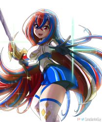Rule 34 | 1girl, alear (female) (fire emblem), alear (fire emblem), ass, black gloves, blue eyes, blue hair, braid, breasts, canadiananiguy, crown braid, fire emblem, fire emblem engage, garter straps, gloves, heterochromia, highres, holding, holding sword, holding weapon, jewelry, long hair, looking at viewer, looking back, medium breasts, multicolored hair, nintendo, open mouth, reaching, reaching towards viewer, red eyes, red hair, ring, shorts, shorts under skirt, skirt, smile, solo, sword, thighhighs, thighs, tiara, very long hair, weapon