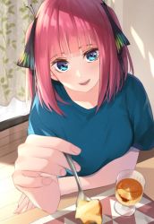 Rule 34 | 1girl, :d, absurdres, bad id, bad pixiv id, blue eyes, blue shirt, blunt bangs, blurry, blush, breasts, butterfly hair ornament, curtains, day, depth of field, feeding, fingernails, food, go-toubun no hanayome, hair between eyes, hair ornament, hair ribbon, hand up, highres, holding, holding spoon, incoming food, indoors, large breasts, medium hair, nakano nino, open mouth, pov, pov feeding, pudding, red hair, ribbon, shirt, short sleeves, sidelocks, sitting, smile, spoon, t-shirt, table, teeth, to gemichi, two side up, window, window shadow