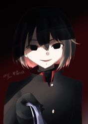 Rule 34 | 1girl, artist name, bag, black background, black eyes, black hair, black jacket, black undershirt, bob cut, character name, colored inner hair, commentary, empty eyes, gakuran, hair between eyes, hashtag, holding, holding bag, jacket, long sleeves, looking at viewer, monogatari (series), multicolored hair, oshino ougi, pale skin, parted lips, plastic bag, red background, red hair, school uniform, shaded face, shadow, short hair, signature, smile, solo, translated, turtleneck, twitter username, upper body