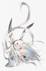 Rule 34 | 1girl, animal ear fluff, animal ears, arknights, rabbit ears, cloak, closed mouth, commentary, crying, crying with eyes open, eyelashes, floating hair, frostnova (arknights), grey background, grey eyes, hair ornament, hair over one eye, hairclip, highres, long hair, looking up, sad, scar, scar on face, silver hair, simple background, solo, tears, white cloak, xion32