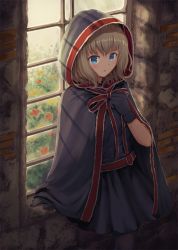 Rule 34 | 1girl, adapted costume, alice margatroid, bad id, bad pixiv id, black pantyhose, blonde hair, blue eyes, cape, cowboy shot, dress, gloves, grey cape, grey dress, grey gloves, hand on own chest, hand up, highres, hood, hooded cape, indoors, neck ribbon, ookashippo, pantyhose, parted lips, pleated dress, red ribbon, red sash, ribbon, sash, shadow, short dress, short hair, solo, standing, stone wall, touhou, wall, window