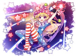 Rule 34 | 1girl, american flag dress, american flag legwear, arm up, blonde hair, clownpiece, commentary request, danmaku, fairy, fairy wings, hair between eyes, hat, highres, holding, holding torch, jester cap, kaoling, long hair, moon, neck ruff, open mouth, pantyhose, polka dot, purple eyes, solo, star (symbol), torch, touhou, v, very long hair, wings