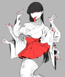 Rule 34 | 1girl, absurdres, black hair, breasts, cleavage, colored skin, extra arms, female focus, forked tongue, grey background, gudobe, highres, japanese clothes, kimono, kimono skirt, lamia, large breasts, long hair, long tongue, looking at viewer, monster girl, original, pale skin, red eyes, simple background, skirt, smile, solo, tongue, tongue out, white skin, wide sleeves
