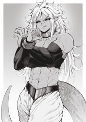 Rule 34 | 1girl, absurdres, android 21, black sclera, bracelet, breasts, colored sclera, detached sleeves, dragon ball, dragon ball fighterz, female focus, highres, jewelry, large breasts, long hair, looking at viewer, majin android 21, monochrome, muscular, muscular female, navel, pointy ears, solo, speedl00ver, strapless, tail, tube top, veins, veiny arms, white hair