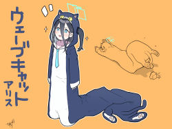 Rule 34 | 1girl, animal ears, animal hands, aris (blue archive), black hair, blue archive, blue eyes, blush, collarbone, commentary request, fallen down, falling, full body, hair between eyes, halo, highres, hood, hoodie, long hair, long hair between eyes, long sleeves, looking up, multiple views, necktie, on ground, one side up, open mouth, orange background, sergei (pattundo), simple background, solo, standing, tail, translation request, tripping