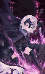 Rule 34 | 1girl, absurdres, banner, black cape, black dress, black thighhighs, brown eyes, cape, chain, dress, eadgear, fate/grand order, fate (series), highres, huge filesize, jeanne d&#039;arc (fate), jeanne d&#039;arc alter (avenger) (fate), jeanne d&#039;arc alter (fate), leaning forward, looking at viewer, open mouth, short dress, short hair, silver hair, smile, solo, tada (pixiv41160771), thighhighs, torn clothes, torn thighhighs