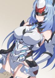 Rule 34 | 1girl, android, bare shoulders, blue hair, breasts, elbow gloves, forehead protector, gloves, kos-mos, kos-mos re:, large breasts, leotard, long hair, looking at viewer, mikoyan, simple background, solo, standing, thighhighs, very long hair, white leotard, xenoblade chronicles (series), xenoblade chronicles 2, xenosaga