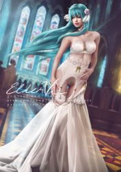 Rule 34 | 1girl, aqua eyes, aqua hair, blurry, bra, breasts, choker, church, cleavage, clothes pull, depth of field, dress, dress pull, dutch angle, eirika (fire emblem), eldervi, female pubic hair, fire emblem, fire emblem: the sacred stones, flower, full body, garter straps, green hair, hair flower, hair ornament, indoors, intelligent systems, jewelry, long hair, looking to the side, microsoft windows, nintendo, no panties, pubic hair, pussy, ribbon, ring, solo, stained glass, standing, strapless, strapless bra, tagme, thighhighs, thighs, uncensored, underwear, undressing, wedding dress, white bra, white dress, white garter, white thighhighs