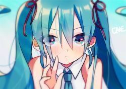 Rule 34 | 1girl, aqua hair, artist name, bare shoulders, blue eyes, blue necktie, blurry, blurry background, blush, cake (isiofb), closed mouth, collared shirt, commentary request, depth of field, hair between eyes, hair ribbon, hand up, hatsune miku, heart, heart in eye, long hair, looking at viewer, necktie, red ribbon, ribbon, shirt, sleeveless, sleeveless shirt, solo, symbol in eye, twintails, vocaloid, white shirt