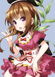 Rule 34 | 1girl, apron, black headwear, blunt bangs, bow, breasts, brown hair, cowboy shot, dress, grey background, highres, holding, holding plant, looking at viewer, myouga (plant), nishida satono, open mouth, petticoat, pink dress, pink eyes, plant, puffy short sleeves, puffy sleeves, red bow, ruu (tksymkw), short hair with long locks, short sleeves, simple background, small breasts, smile, solo, touhou, waist apron, white apron