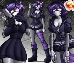 Rule 34 | 1girl, beanie hat, boots, dress, explosion, glitch productions, gloves, highres, hood, hoodie, knife, murder drones, oil stain, purple eyes, purple hair, striped clothes, striped thighhighs, thighhighs, uzi (murder drones)