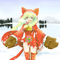 Rule 34 | 1girl, 2003204, animal ears, bell, blue eyes, breath, cat ears, cat girl, cat tail, christmas, female focus, final fantasy, final fantasy tactics, gift, gloves, lowres, nature, open mouth, outdoors, sky, snow, solo, tail, thighhighs, white mage, white mage (fft), white mage (final fantasy)