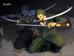 Rule 34 | 1boy, boots, character name, dual persona, dual wielding, earrings, fighting stance, full body, green hair, haramaki, holding, jewelry, looking at viewer, male focus, mouth hold, multiple persona, multiple swords, one-eyed, one eye closed, one piece, open clothes, open shirt, robe, roronoa zoro, sandai kitetsu, scar, shirt, shusui, simple background, solo, squatting, sword, t-shirt, triple wielding, wado ichimonji, weapon, wink, zoom layer
