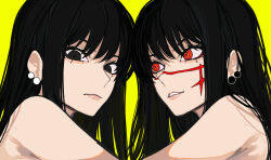 Rule 34 | 2girls, absurdres, chainsaw man, cross scar, earrings, facial scar, highres, jewelry, long hair, looking at another, looking at viewer, mitaka asa, multiple girls, orange eyes, parted lips, ringed eyes, sailen0, scar, scar on cheek, scar on face, simple background, yellow background, yoru (chainsaw man)