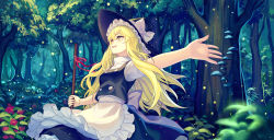 Rule 34 | 1girl, :d, apron, back bow, berry, black hat, black skirt, black vest, blonde hair, blush, bow, braid, broom, bush, buttons, commission, cowboy shot, fingernails, fireflies, forest, grass, hair between eyes, hat, hat bow, holding, holding broom, kirisame marisa, long hair, looking up, mirror (xilu4), mushroom, nature, open mouth, outdoors, outstretched arm, plant, puffy short sleeves, puffy sleeves, red ribbon, ribbon, shirt, short sleeves, single braid, skirt, smile, solo, teeth, touhou, turtleneck, very long hair, vest, waist apron, white apron, white bow, white shirt, witch hat, yellow eyes