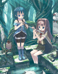 Rule 34 | 2girls, barefoot, bird, blue eyes, blue hair, boots, cape, cigarette, flute, forest, highres, instrument, multiple girls, naox, nature, original, recorder, red hair, ruins, shorts, sitting, skirt, smoking, soaking feet, water, when you see it