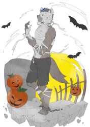 1boy absurdres arknights bandaged_arm bandaged_chest bandaged_neck bandages barefoot bat_(animal) black_hair black_shorts chained_legs claws dog_nose eyebrow_piercing full_moon furry furry_male grey_fur halloween highres hyena_boy hyena_ears hyena_tail looking_at_viewer male_focus moon multicolored_hair pants piercing pumpkin shorts siva_inu24 smile spot_(arknights) spotted_fur streaked_hair tombstone torn_clothes torn_pants white_background