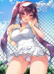 Rule 34 | 1girl, blush, breasts, cleavage, clothes lift, collar, dripping, fence, frilled panties, frills, happy, large breasts, long hair, looking at viewer, miniskirt, open mouth, original, outdoors, panties, purple hair, red eyes, sazaki ichiri, skirt, skirt lift, smile, solo, sportswear, sweat, sweatdrop, tennis uniform, thighs, towel, towel around neck, twintails, underwear, visor cap, white panties