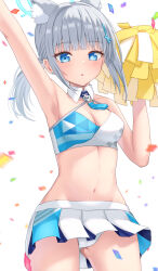 Rule 34 | 1girl, alternate costume, animal ear fluff, animal ears, arm up, armpits, blue archive, blue eyes, blue halo, blunt bangs, blurry, blush, breasts, bright pupils, cameltoe, cheerleader, cleavage, commentary request, confetti, covered erect nipples, cowboy shot, cross hair ornament, depth of field, detached collar, earrings, extra ears, eyelashes, gluteal fold, grey hair, groin, hair ornament, halo, hand up, highres, holding, holding pom poms, jewelry, long hair, looking at viewer, medium breasts, midriff, miniskirt, mismatched pupils, navel, open mouth, panties, pantyshot, partial commentary, pleated skirt, pom pom (cheerleading), pom poms, shiroko (blue archive), simple background, skirt, solo, sports bra, stomach, stud earrings, tsurime, umeshiba (eleventhdolls), underwear, white background, white panties, white pupils, white skirt, wolf ears