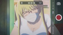 Rule 34 | 1girl, animated, animated gif, blonde hair, bouncing breasts, breasts, camera view, cleavage, closed eyes, face mask, glasses, hoshizaki rika (kanojo mo kanojo), kanojo mo kanojo, large breasts, leaning forward, long hair, lowres, mask, mouth mask, no bra, fake phone screenshot, screencap, shirt, solo, standing, surgical mask, twintails, white shirt
