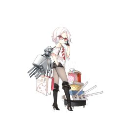 Rule 34 | 1girl, ^^^, adjusting eyewear, alternate costume, bag, bare shoulders, black footwear, black gloves, black shorts, boots, box, breasts, cannon, closed mouth, cup, eyes visible through hair, from behind, full body, gift, gift box, glasses, gloves, grey pantyhose, half gloves, hand on own hip, high heel boots, high heels, looking at viewer, looking back, machinery, neckerchief, official art, pantyhose, paper bag, red eyes, saru, shirt, short hair, shorts, small breasts, solo, standing, steam, striped neckerchief, striped neckwear, teacup, transparent background, turret, vittorio veneto (warship girls r), warship girls r, white hair, white shirt