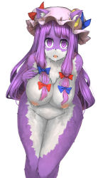 Rule 34 | 1girl, absurdres, animal ears, arm behind back, bad id, bad pixiv id, bent over, black hair, blush, body fur, breasts, cat ears, collarbone, crescent, crescent pin, crying, crying with eyes open, furry, furry female, hair over breasts, hair over shoulder, hair ribbon, hand on own chest, hanging breasts, hat, hat ornament, heart, heart-shaped pupils, highres, inverted nipples, lactation, large breasts, legs, long hair, looking at viewer, mob cap, nipples, nude, oruka (kamituki0827), patchouli knowledge, plump, purple eyes, purple hair, ribbon, saliva, simple background, solo, symbol-shaped pupils, tears, thighs, tongue, tongue out, torn clothes, torn hat, touhou, tress ribbon, very long hair, white background, wide hips